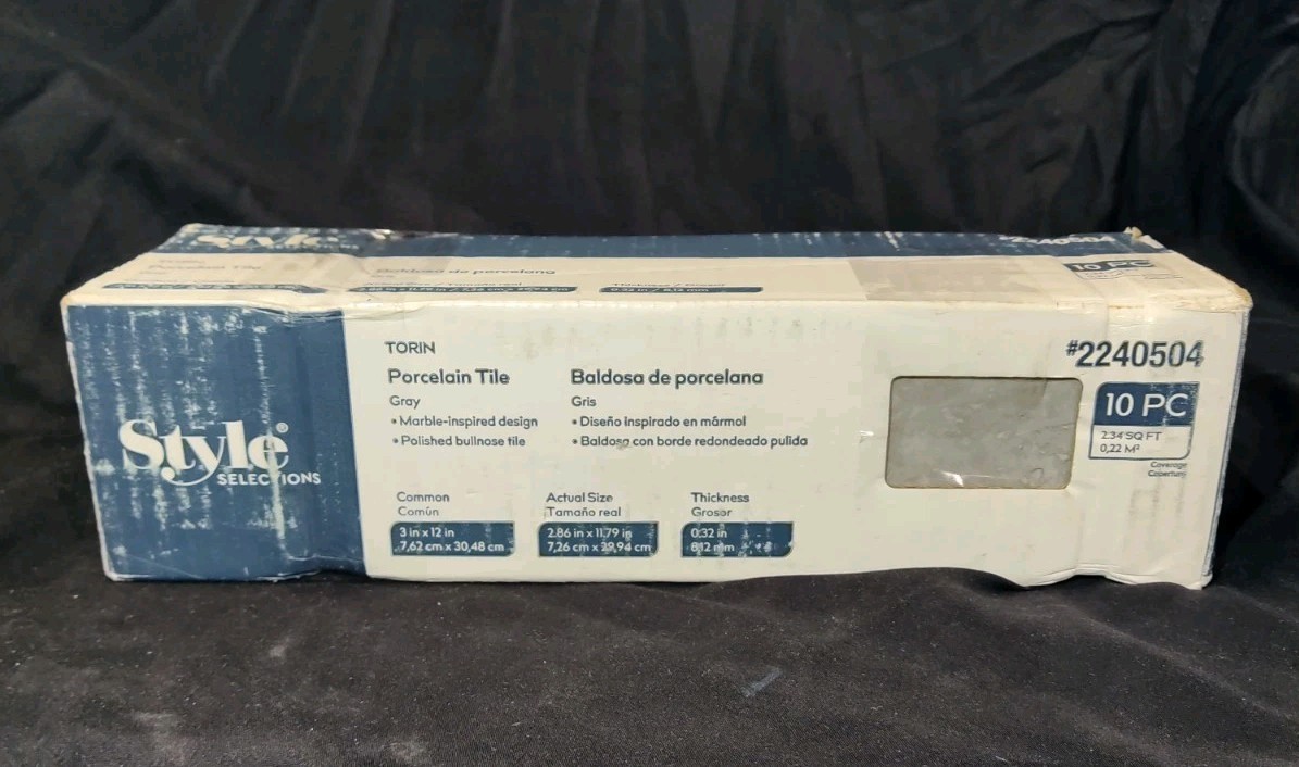 Style Selections #2240504 Torin Grey 3″ X 12″ Bullnose Porcelain Tile 10 Pcs