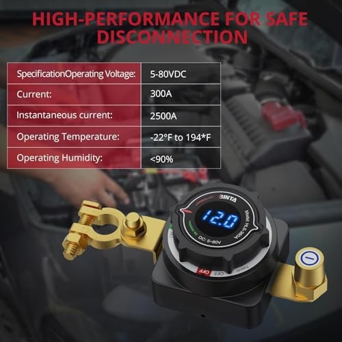 Battery Disconnect Switch 12V with Voltage Display, DC 5-80V 300A Battery