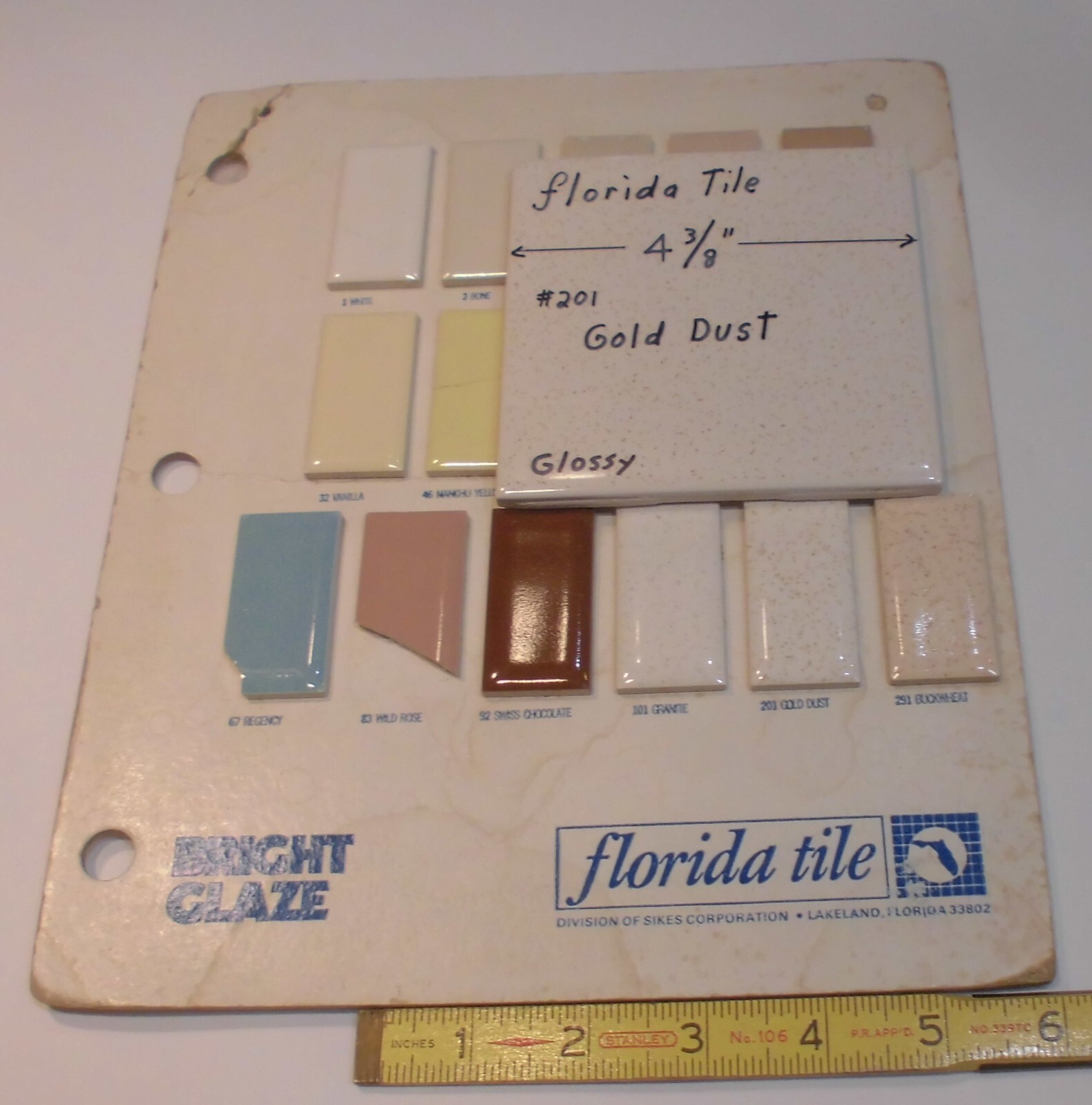 1 pc. Gold Dust: 4-3/8″ Glossy Ceramic Tile by Florida Tile Co. NOS, Speckled
