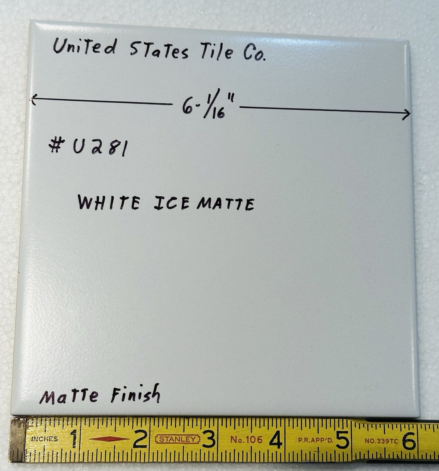 1 pc. White Ice: 6-1/16″ Matte Ceramic Tile by United States Tile Co. #U281, NEW