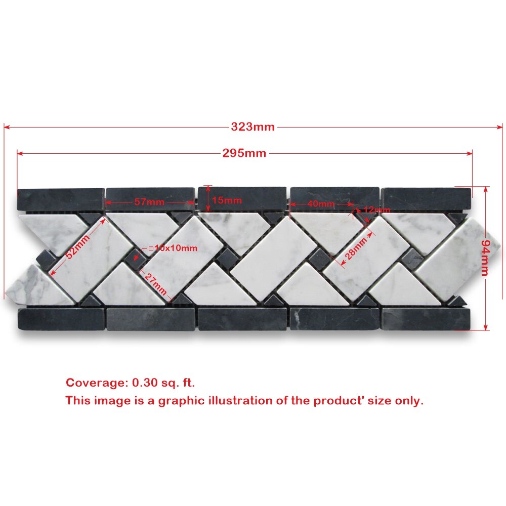 C651BXH Carrara Venato Marble Basketweave Mosaic Border 4×12 Black Dots Honed