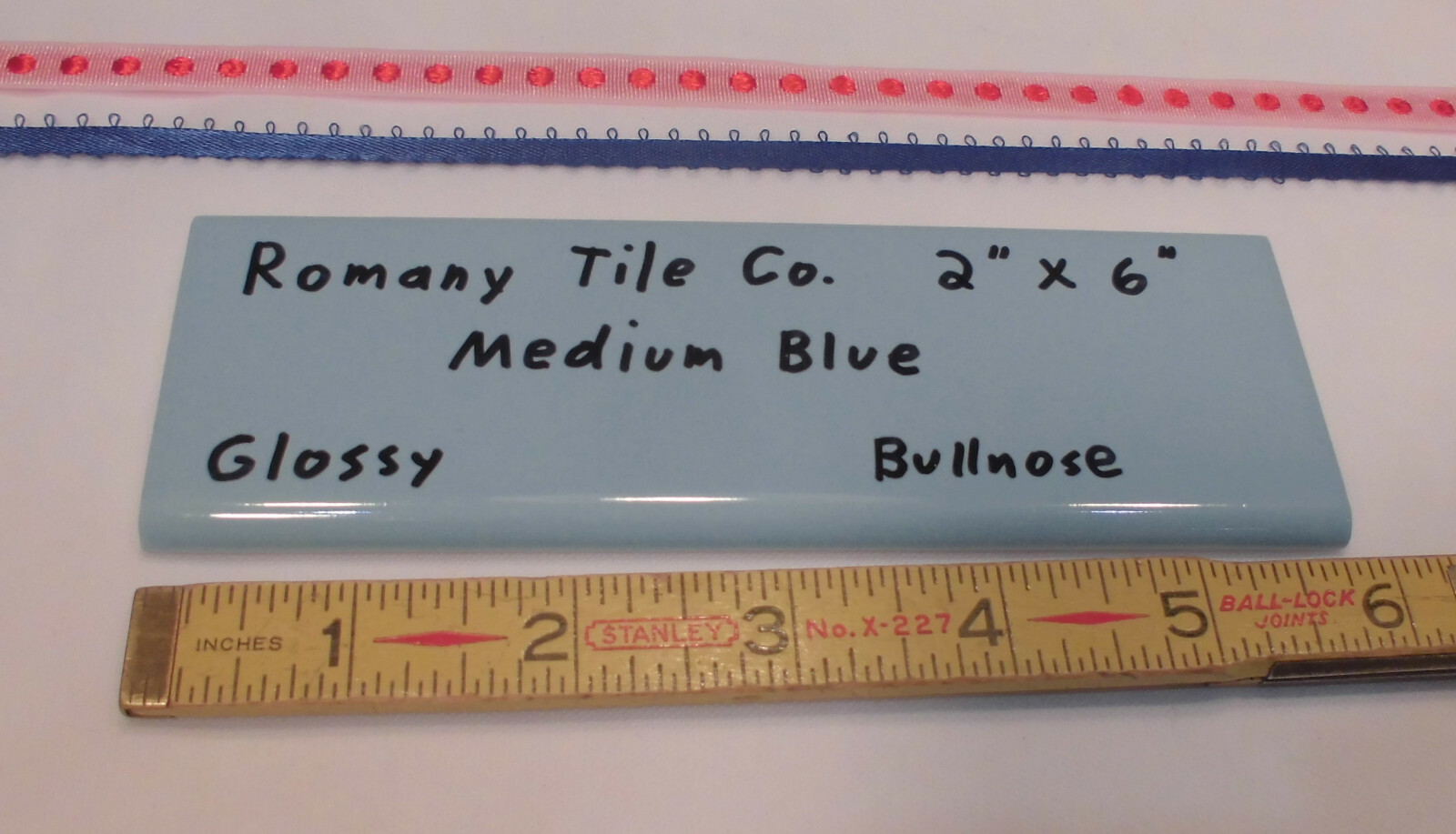 1 pc. *Medium Blue* 2” X 6” Glossy Surface Bullnose Ceramic Tile: New Old Stock