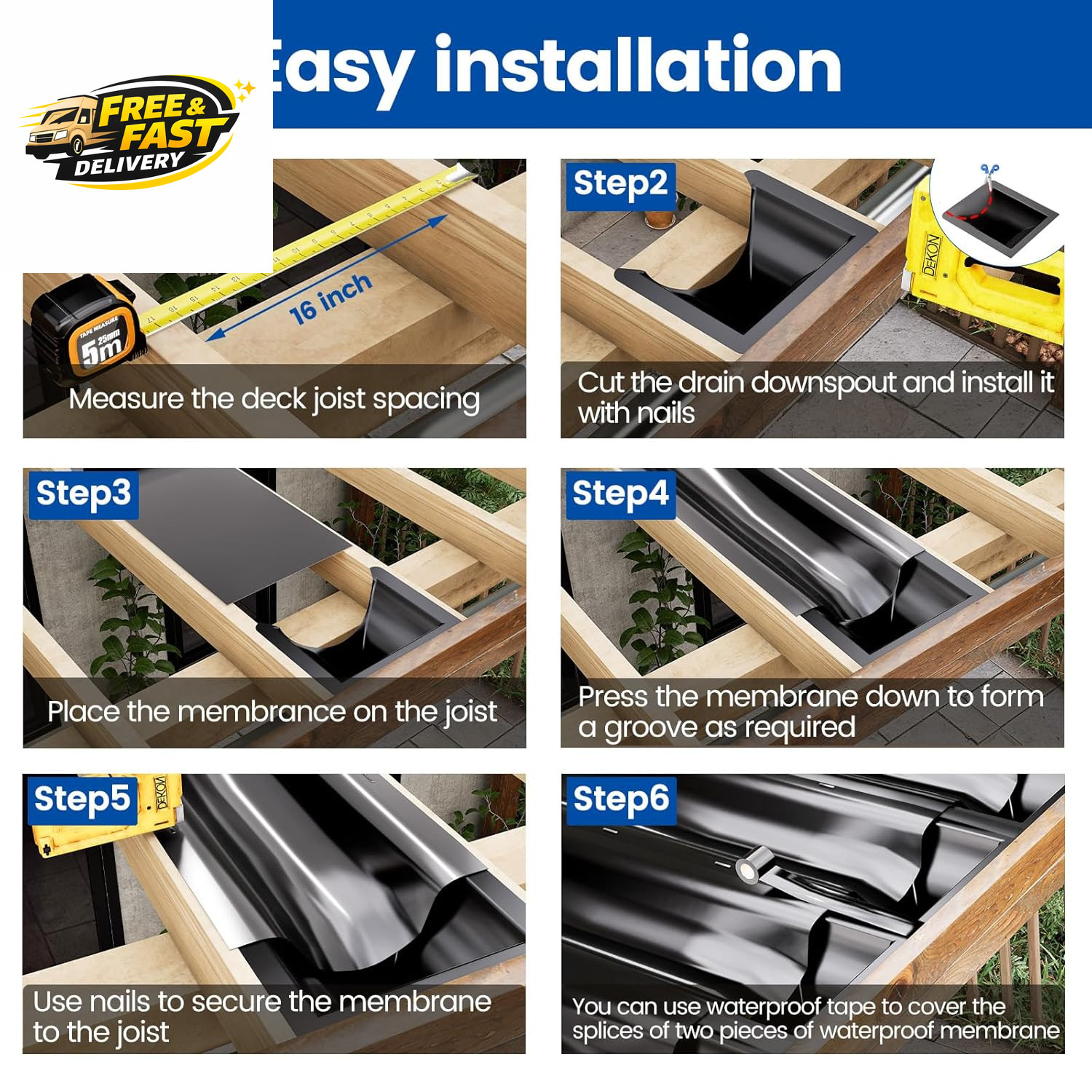 4PCS 50FT Black under Deck Drainage System Trough HDPE Waterproofing Membrane Fi