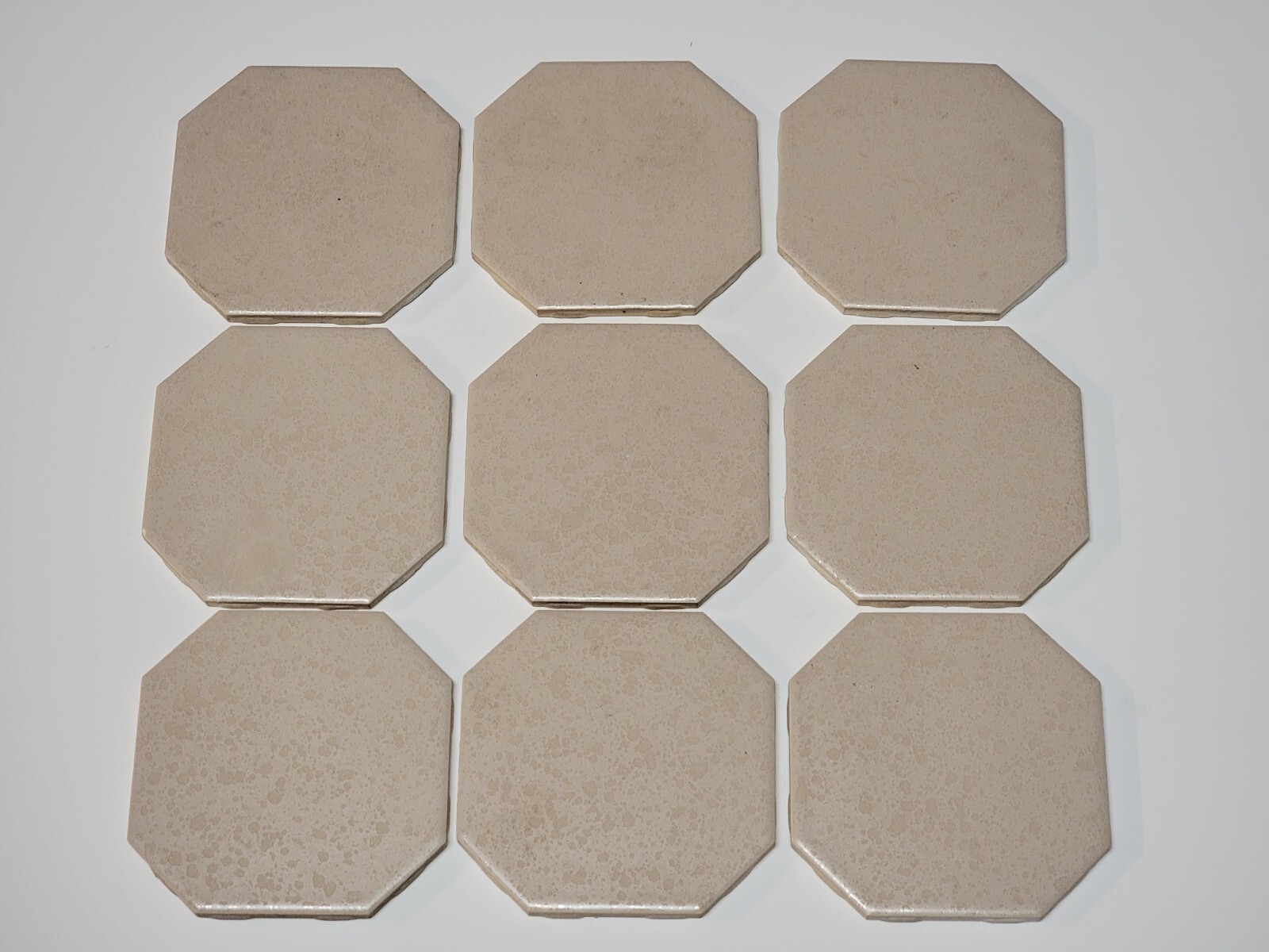 Vtg. Lot 9 1950’s WENCZEL Ceramic Tiles Beige Spotted Gloss Octagon 4 5/16″ NEW