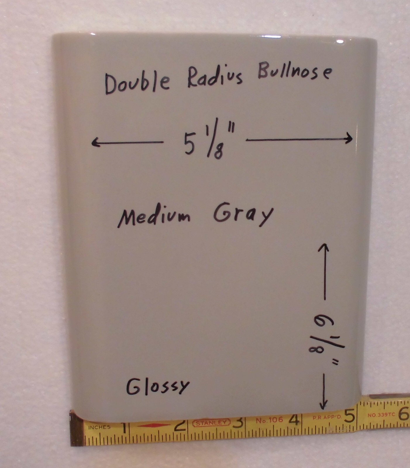 Medium Gray: Classic Glossy Double Radius Bullnose Ceramic Tile; 5-1/8″ X 6-1/8″