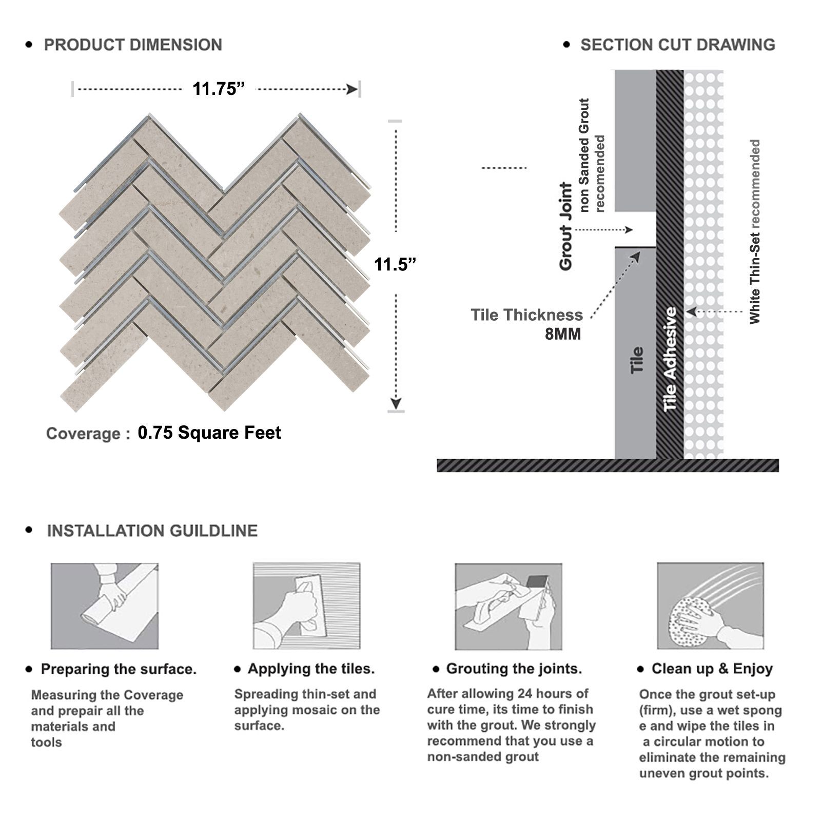 Gray Marble Stone Silver Metal Inlay Herringbone Kitchen Mosaic Tile Backsplash