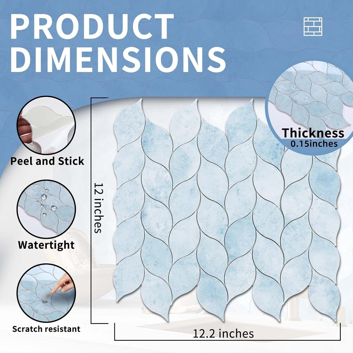 10-Sheet Peel and Stick Backsplash Tile for Kitchen Self Adhesive Pastel Blue S5