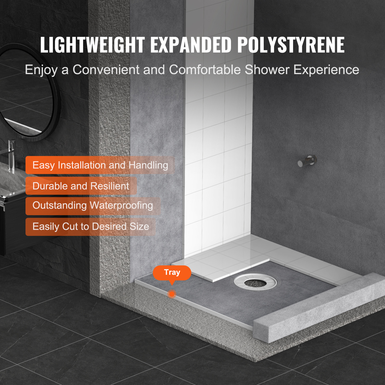 VEVOR Waterproofing Shower Curb Tray Kit 36″x36″ w/ Central Drain Thickened