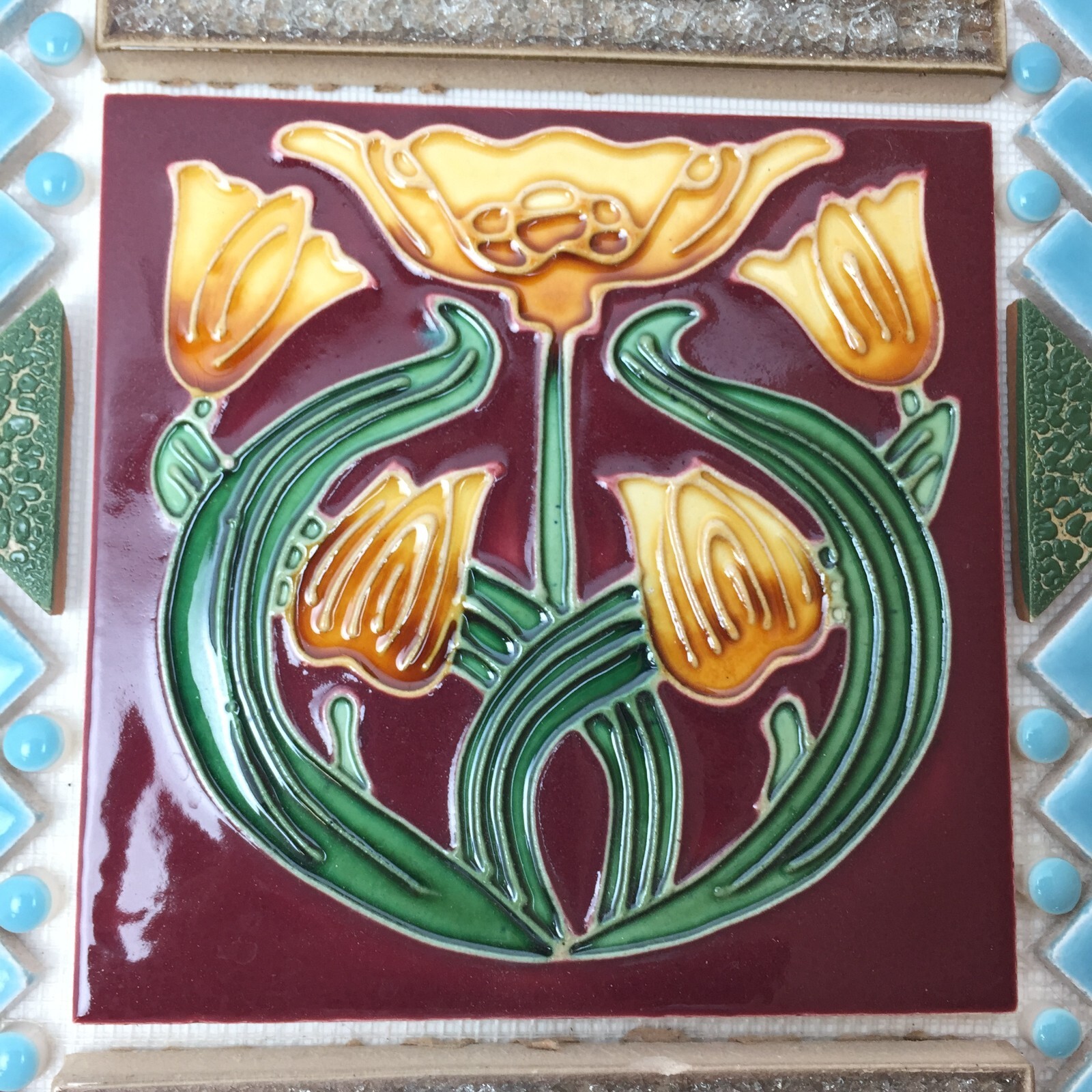 Tile Mosaic Feature Panel w/Vintage Handmade Ceramic and Glass Tile 12″ X 12.75″