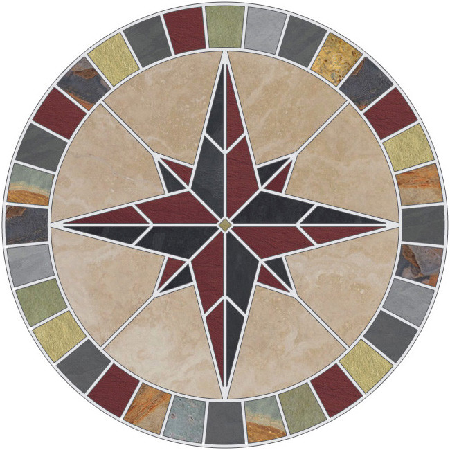 36″ Tile Mosaic Medallion Natural Stone Travertine & Slate Mariners Compass Rose