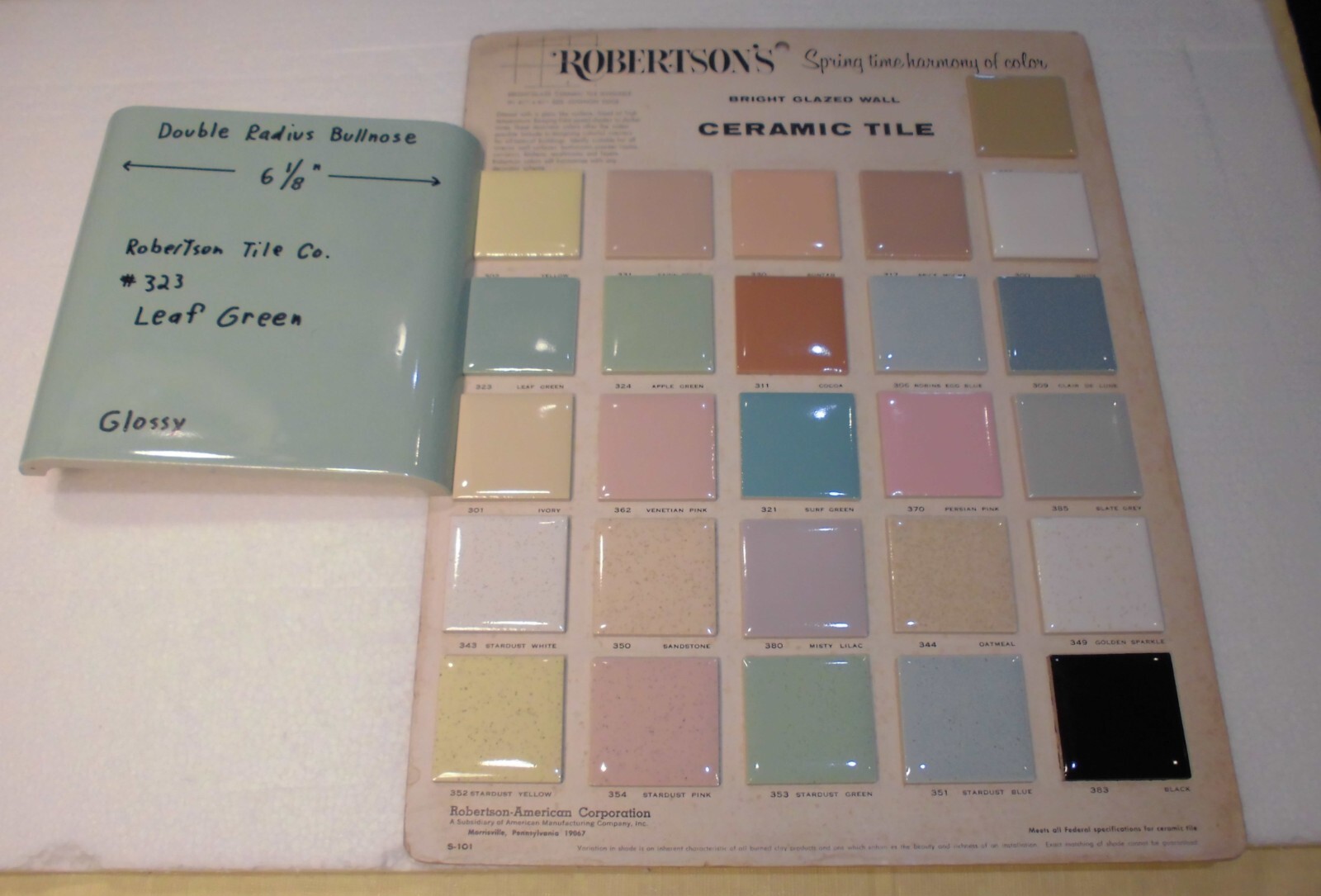 1 pc. Leaf Green 6″ x 6″ Double Radius Bullnose Glossy Ceramic Tile: NOS