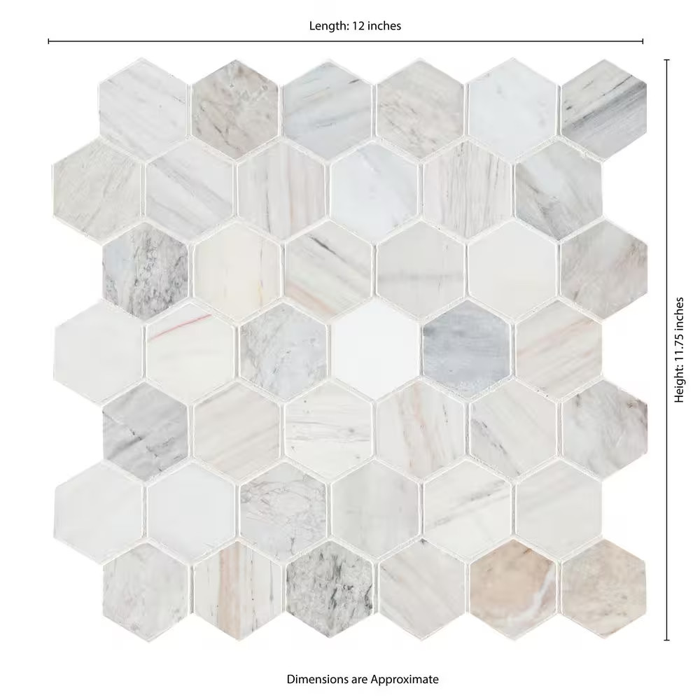 Angora 2 In. Hex 12 In. X 12 In. X 0.38 In. Polished Marble Mesh-Mounted Mosaic