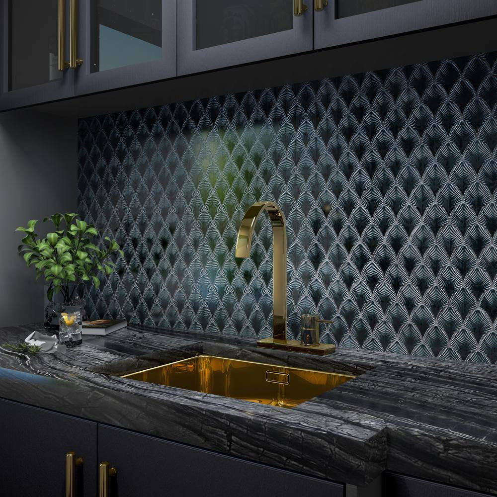 Delphi Midnight Blue 9.05 In. X 12.79 In. Polished Glass Fishscale Mosaic Wall T