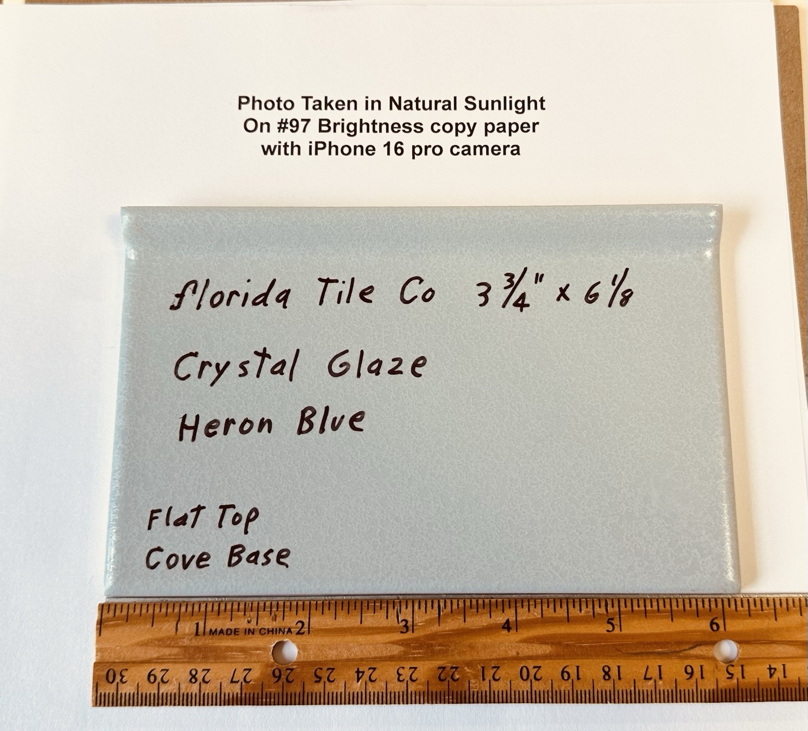 1 pc. Light Blue: 3-3/4″ X 6-1/8″ Ceramic Cove Base Tile, florida Co. Flat Top