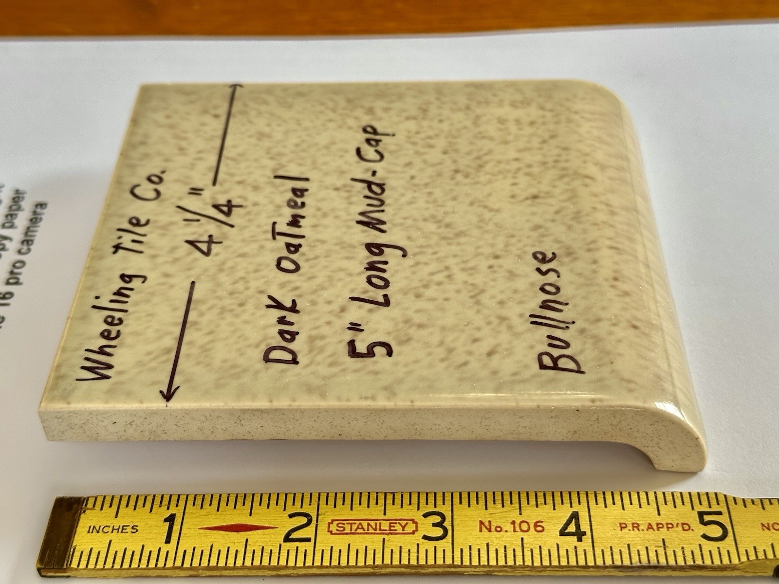 1 pc. Radius Long Bullnose: 4-1/4″ X 5″ Oatmeal Glossy Ceramic Tile, Wheeling Co