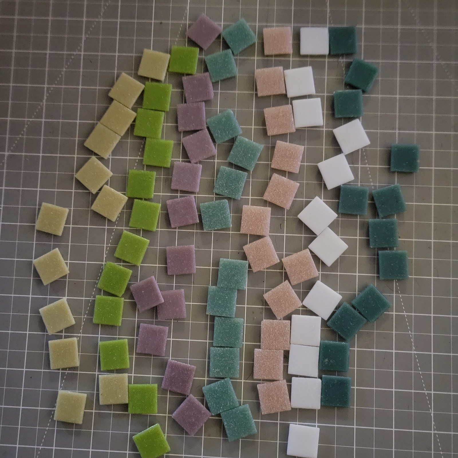 7 colors of tile 3/4″ each beige white pink green purple aqua & dark aqua