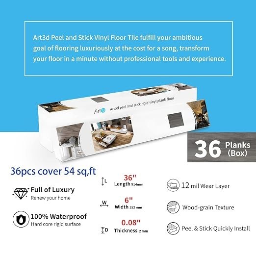 Art3d-A43207NA36 54 Sq.ft Peel and Stick Floor Tiles Vinyl Flooring. Brand New!