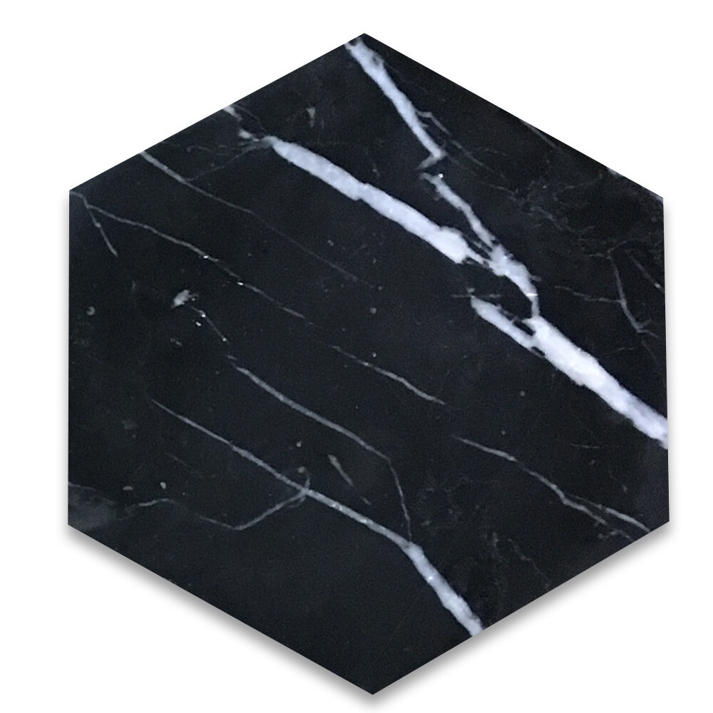 N36P Nero Marquina Black Marble 6 inch Hexagon Tile Polished