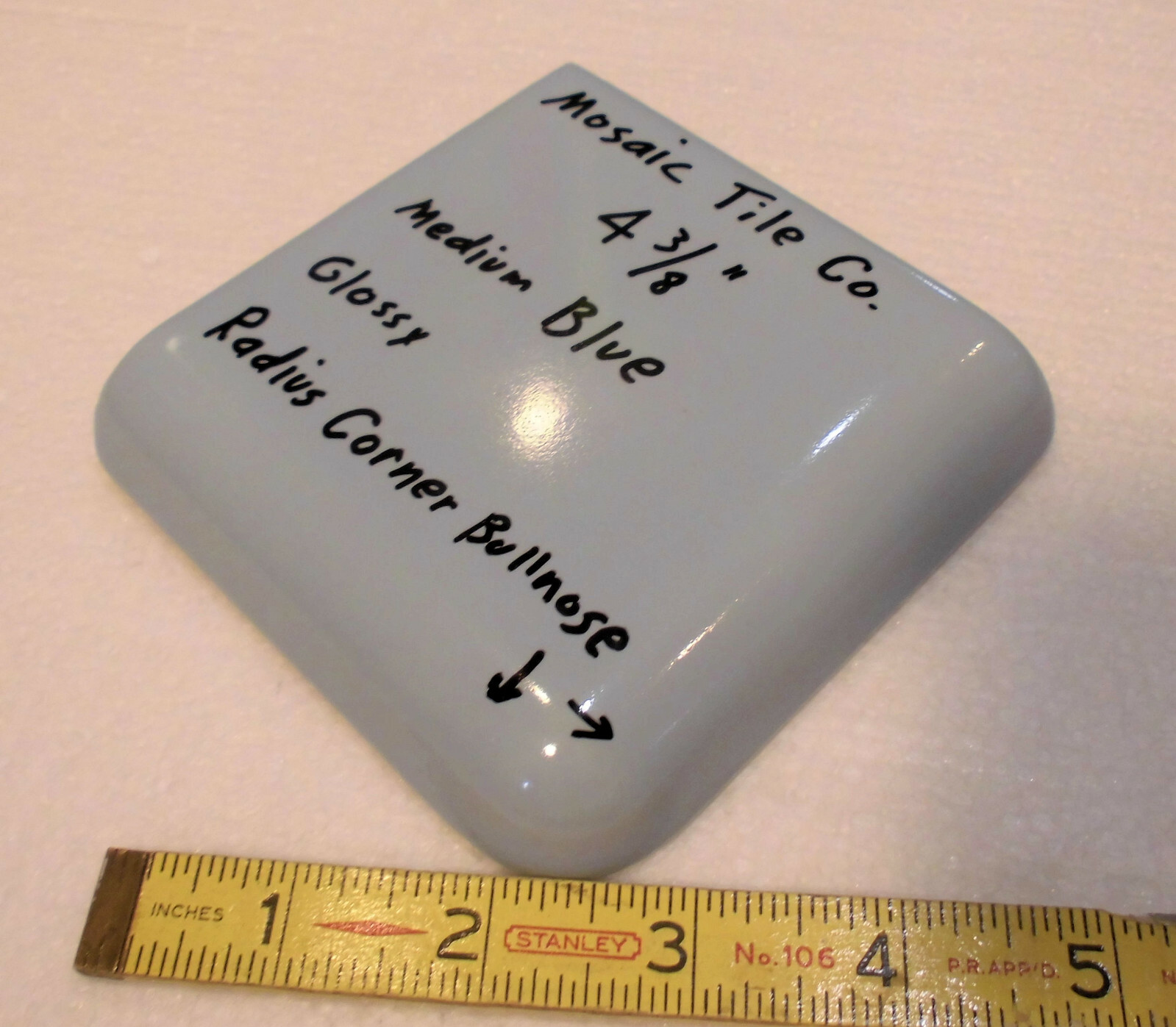 1 pc. Medium Blue – Gray; Radius Corner Bullnose Ceramic 4-3/8″ Glossy; Mosaic