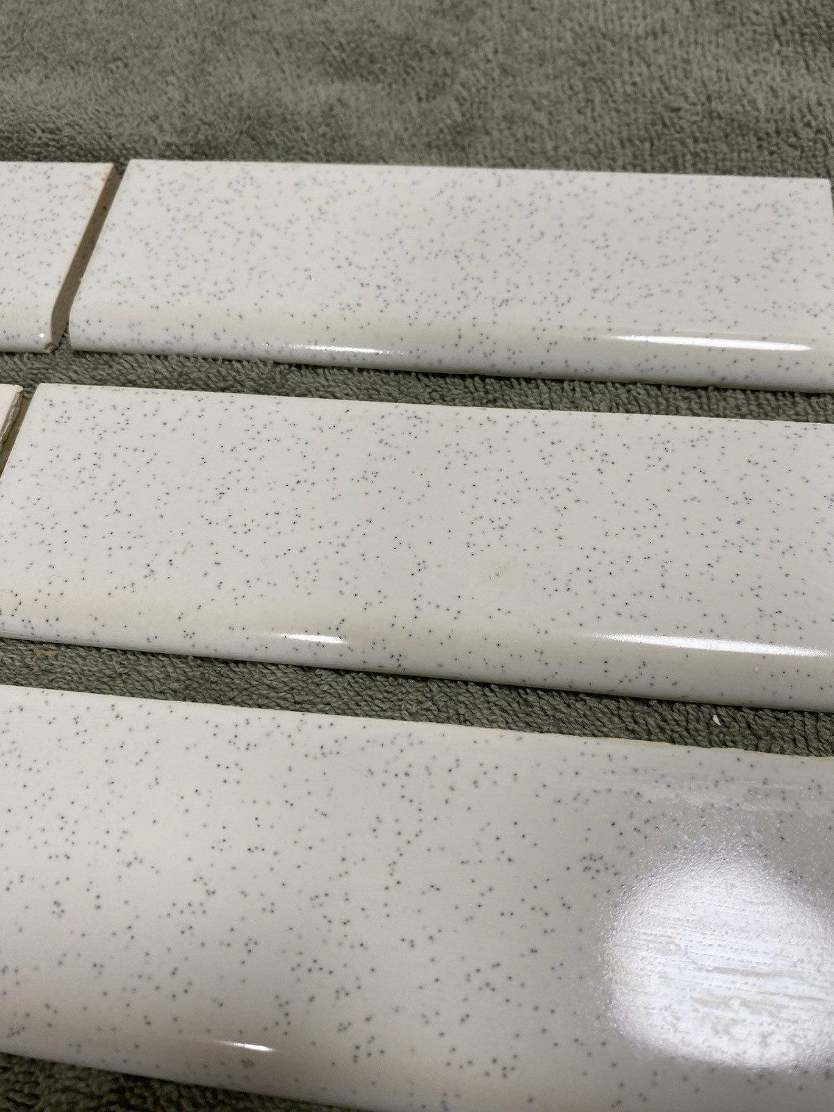 8- Vintage (1950-60s) White Speckled Ceramic Tile – Edge Bullnose (6×2)