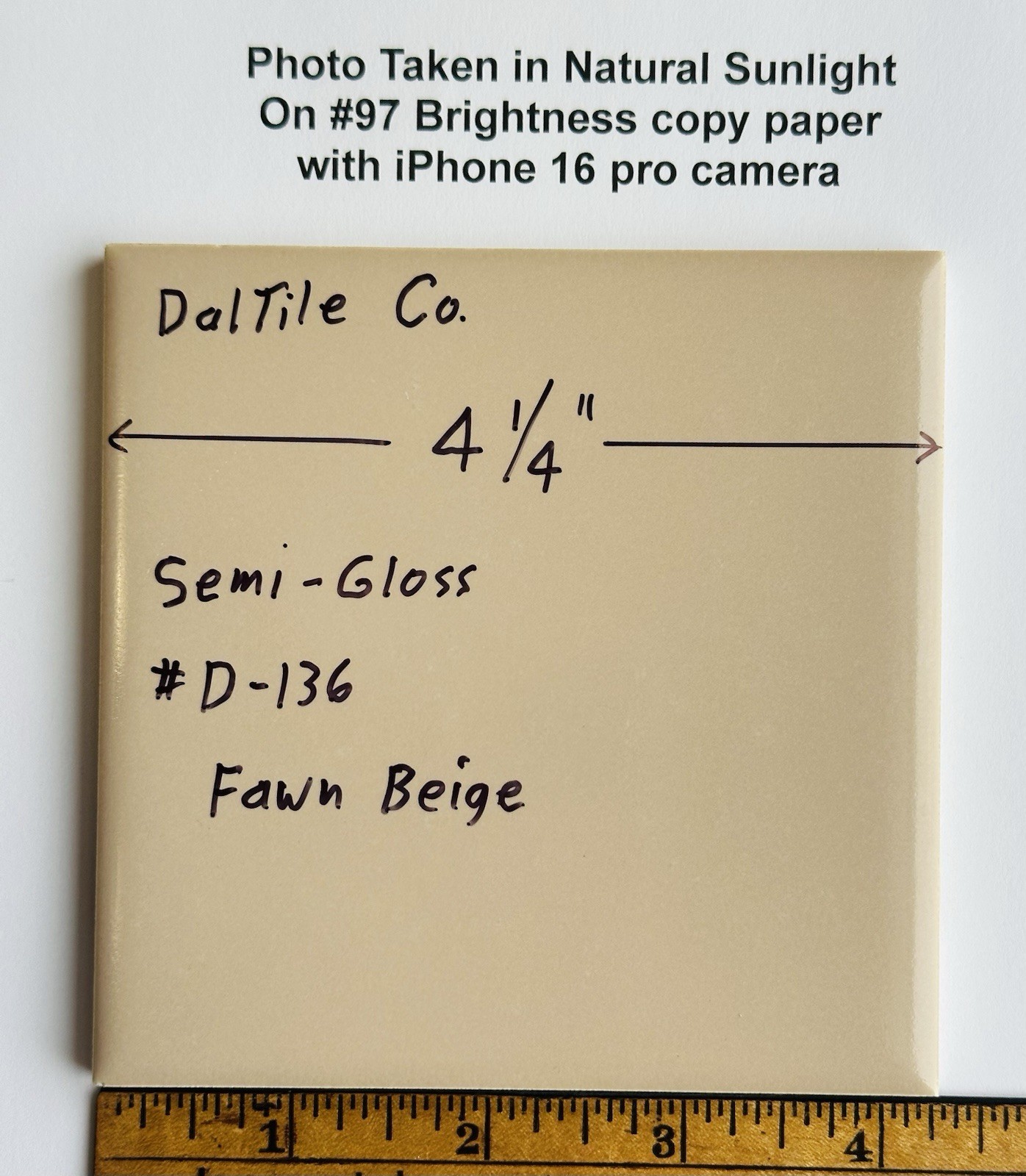 1 pc. Fawn Beige: 4-1/4″ Gloss Ceramic Tile by Daltile #D-136: New Old Stock