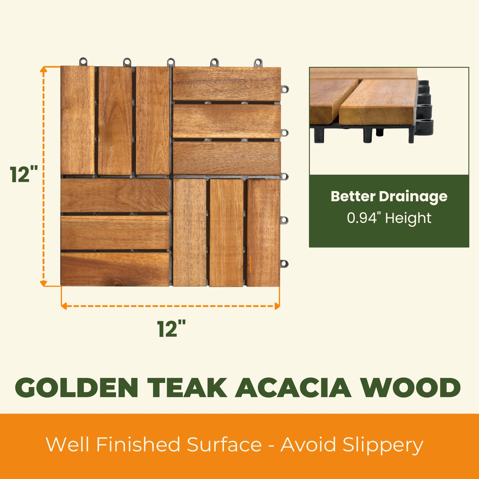 Premium Solid Wood Interlocking Deck Tiles, 10 PCs 12”x12” Snap Together Pati…