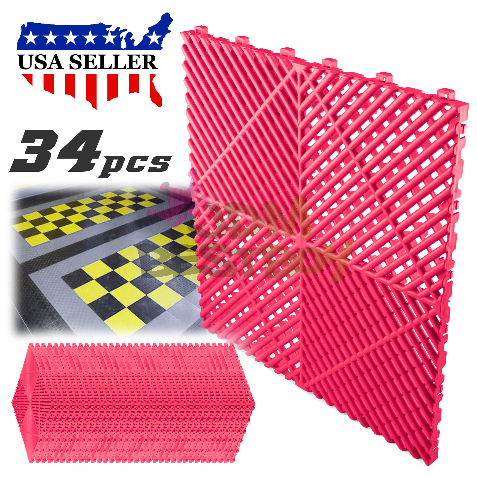 34pcs 16″x16″ Pink Garage Floor Mat Perforated Flooring Tile Shop Interlocking
