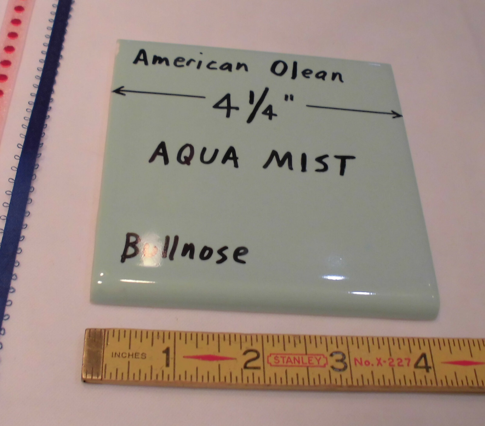 1 pc. *Aqua Mist* Vintage Glossy Ceramic Bullnose Tile 4-1/4” blue-green by A.O.