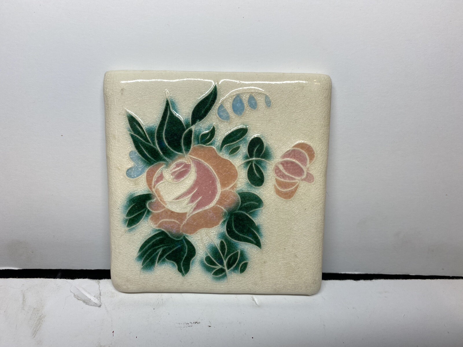 Vintage Ceramic Porcelain Kiln Fired Floral 4” Tile