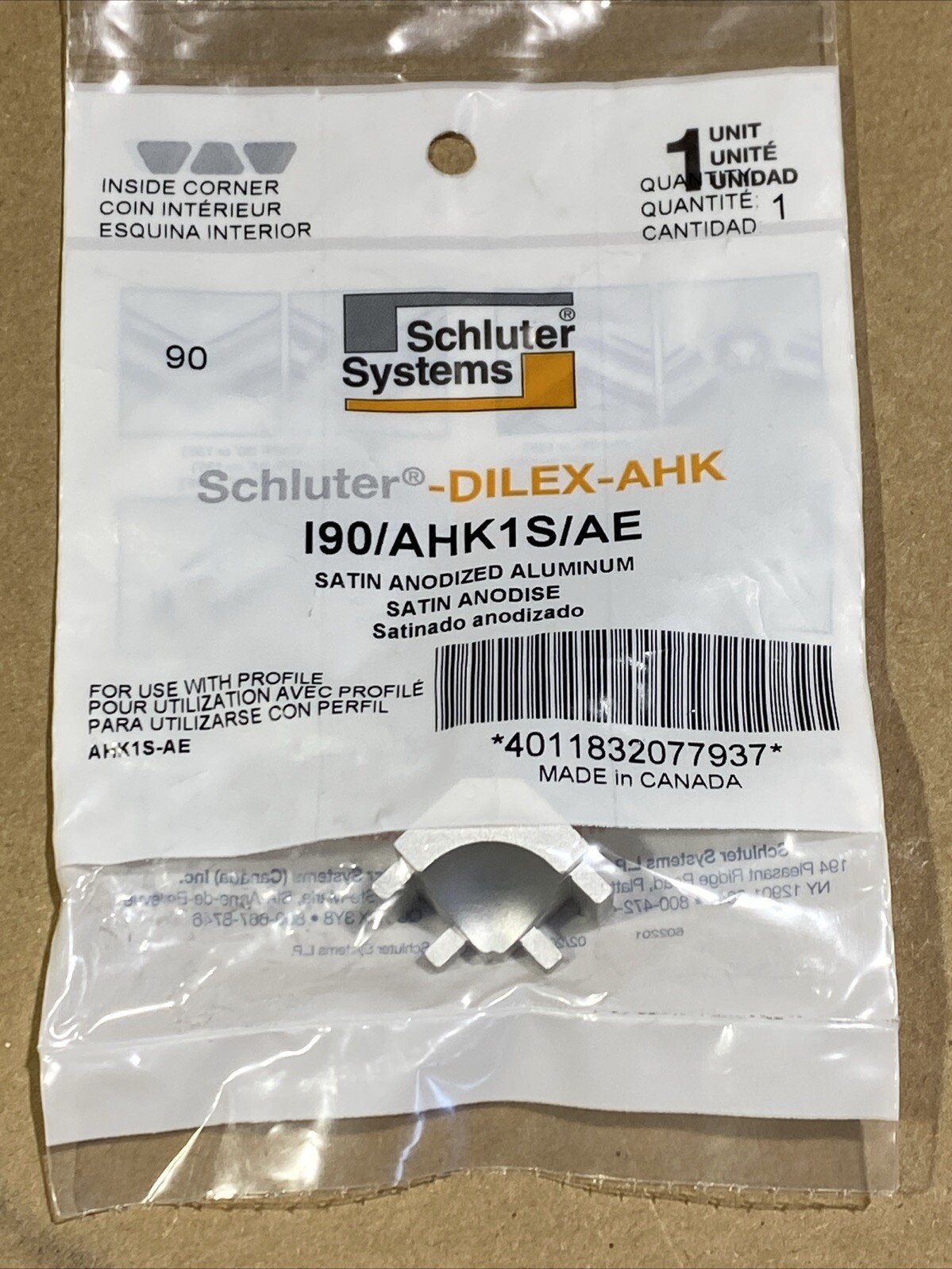 Schluter I90/AHK1S/AE Dilex-AHK Satin Inside Corner Anodized Aluminum New