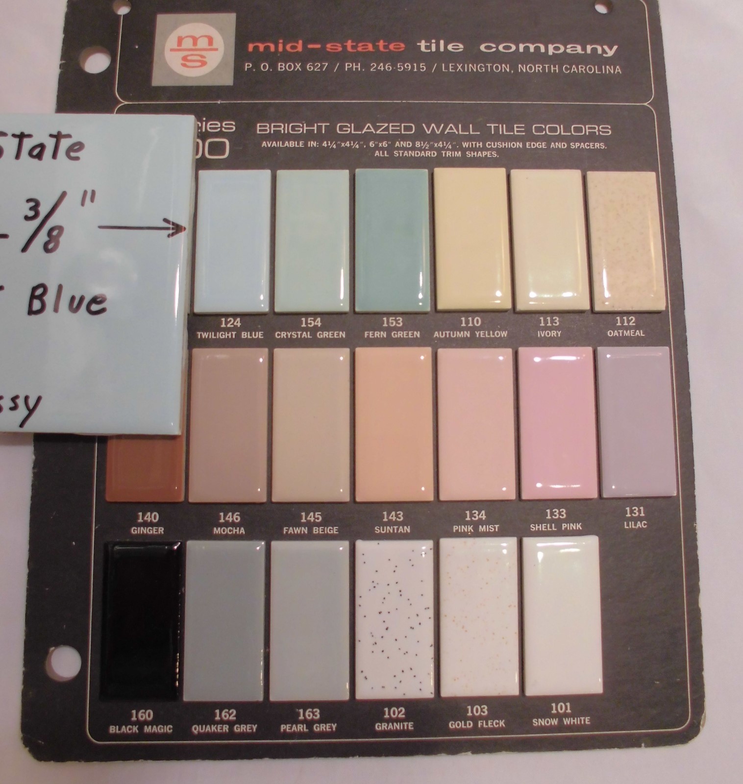 1 pc. Vintage *Twilight Blue* Glossy Ceramic Tile 4-3/8″ by Mid-State Co. NOS
