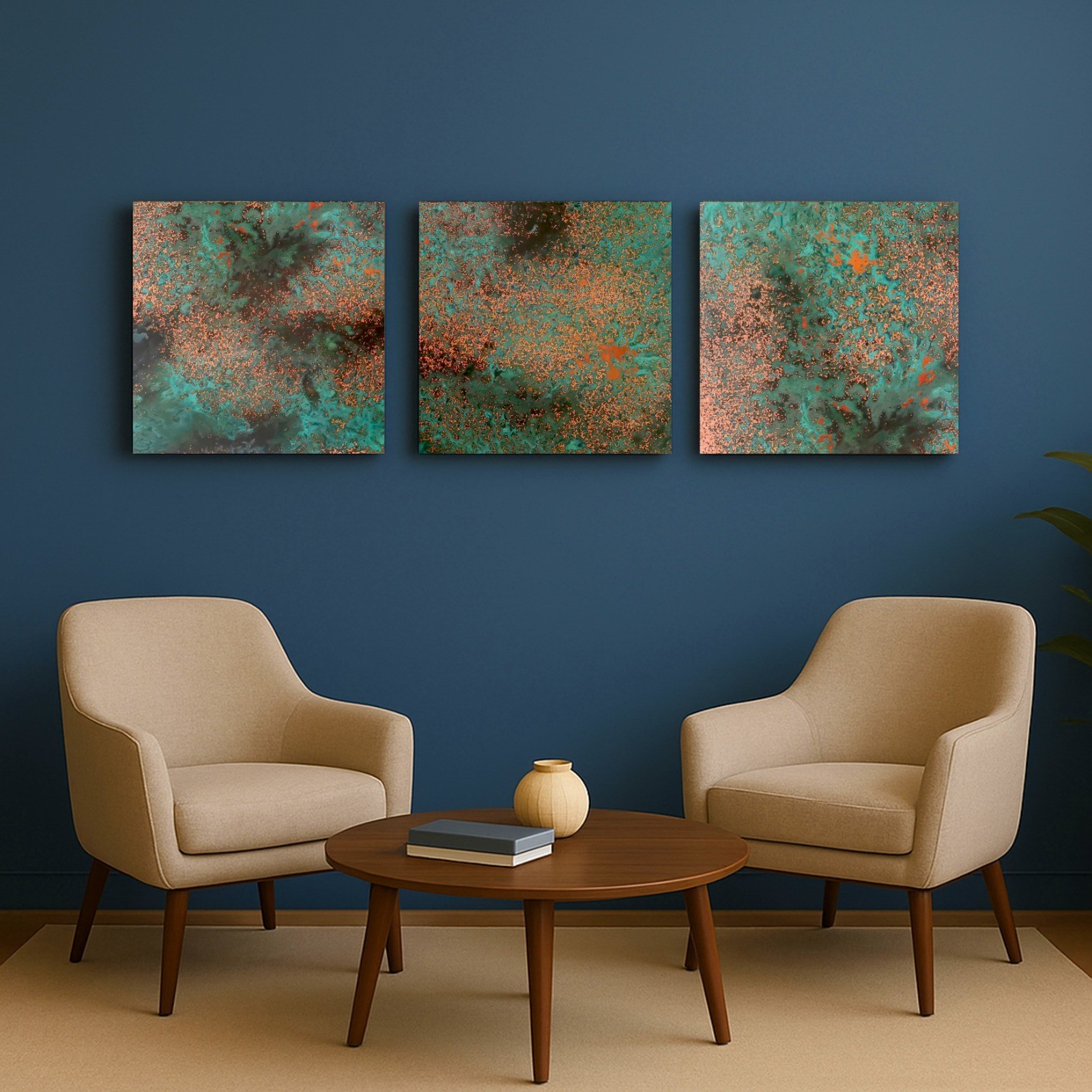 Real Copper Wall Art – 3 Panel Metal Artwork – Handcrafted Patina Decor