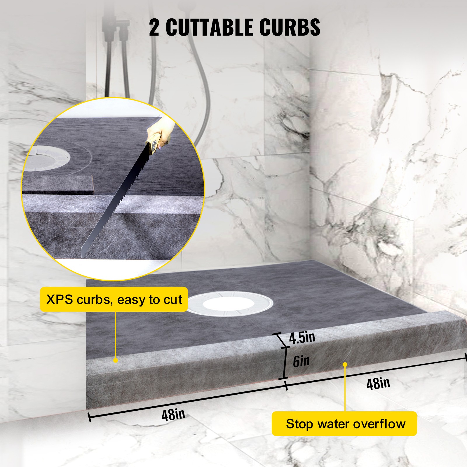 VEVOR Waterproofing Shower Kit Shower Kit Tray 48”x48” with Central Drain PVC