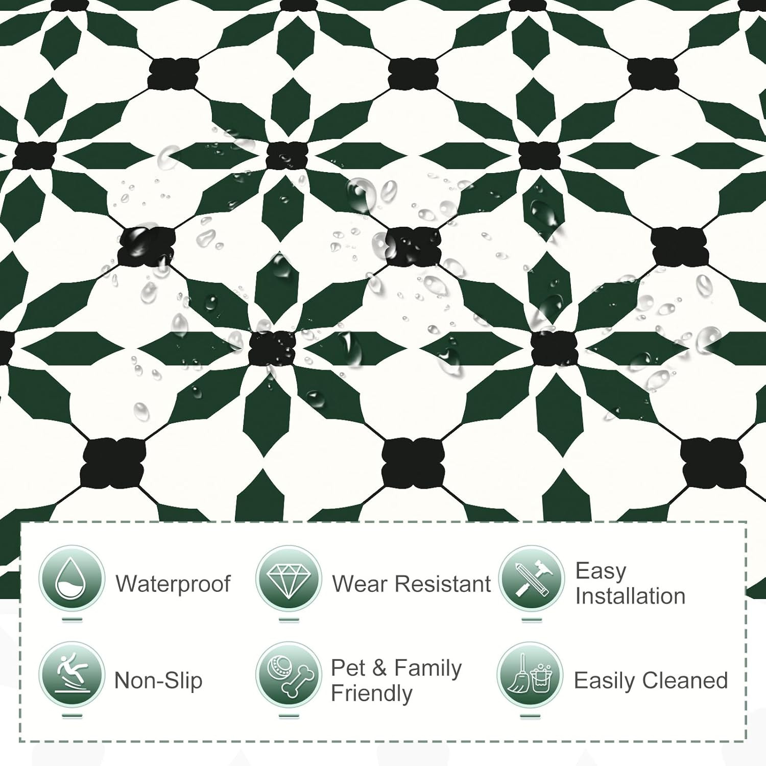 Peel & Stick Vinyl Floor Tiles Waterproof 20PCS Black Green