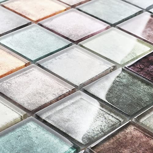 Antique 2” x 2” Glass Squared Tile Glazed Red Grey Grid Mosaic Multicolor