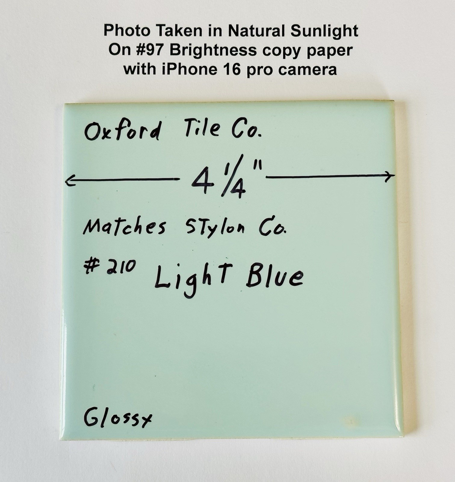 1 pc. Light Blue: 4-1/4″ Glossy Ceramic Tile by Oxford Co. matches Stylon #210