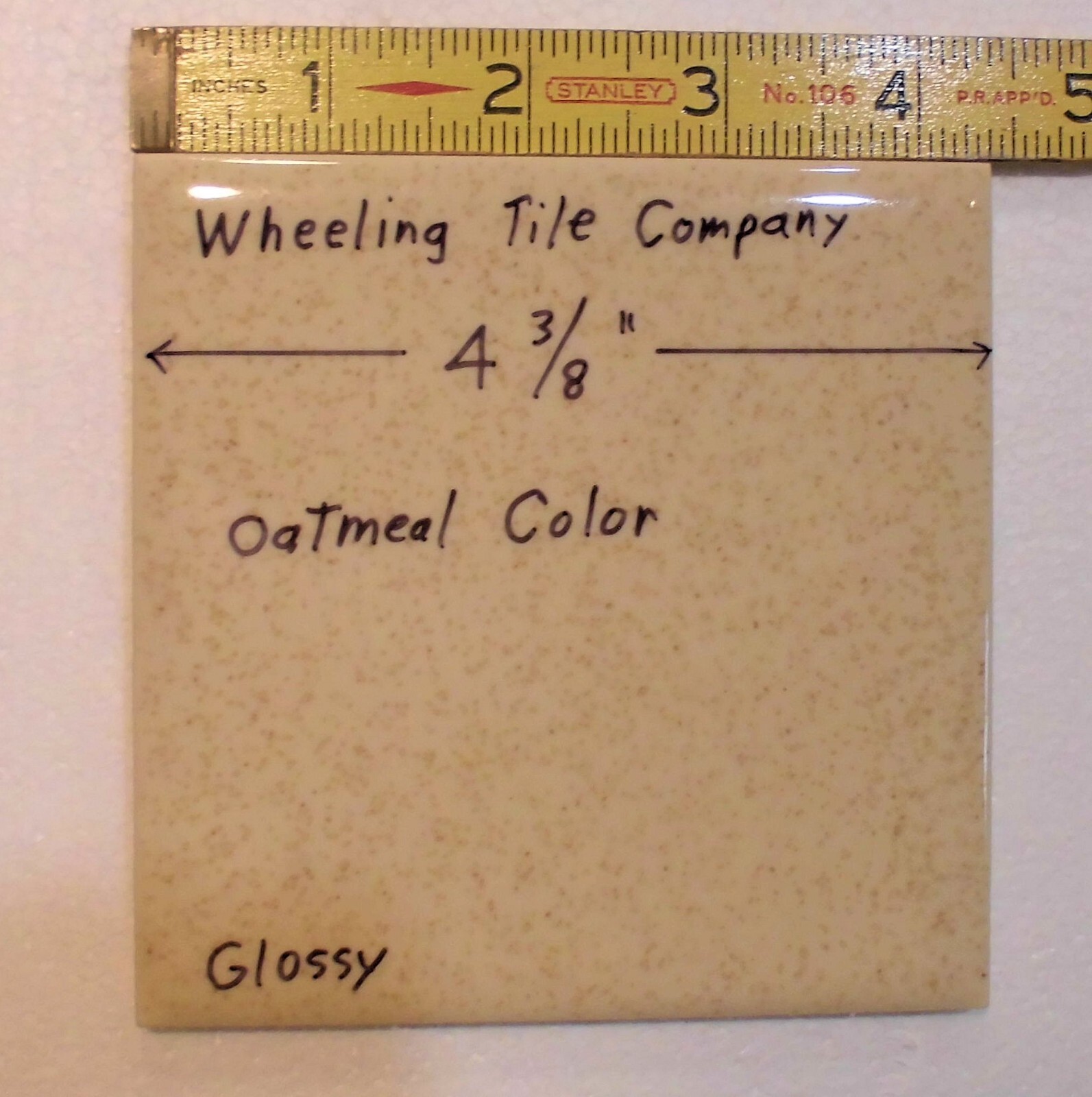 1 pc. Speckled Beige: 4-3/8″ Vintage Glossy Ceramic Tile by Wheeling Co. NEW