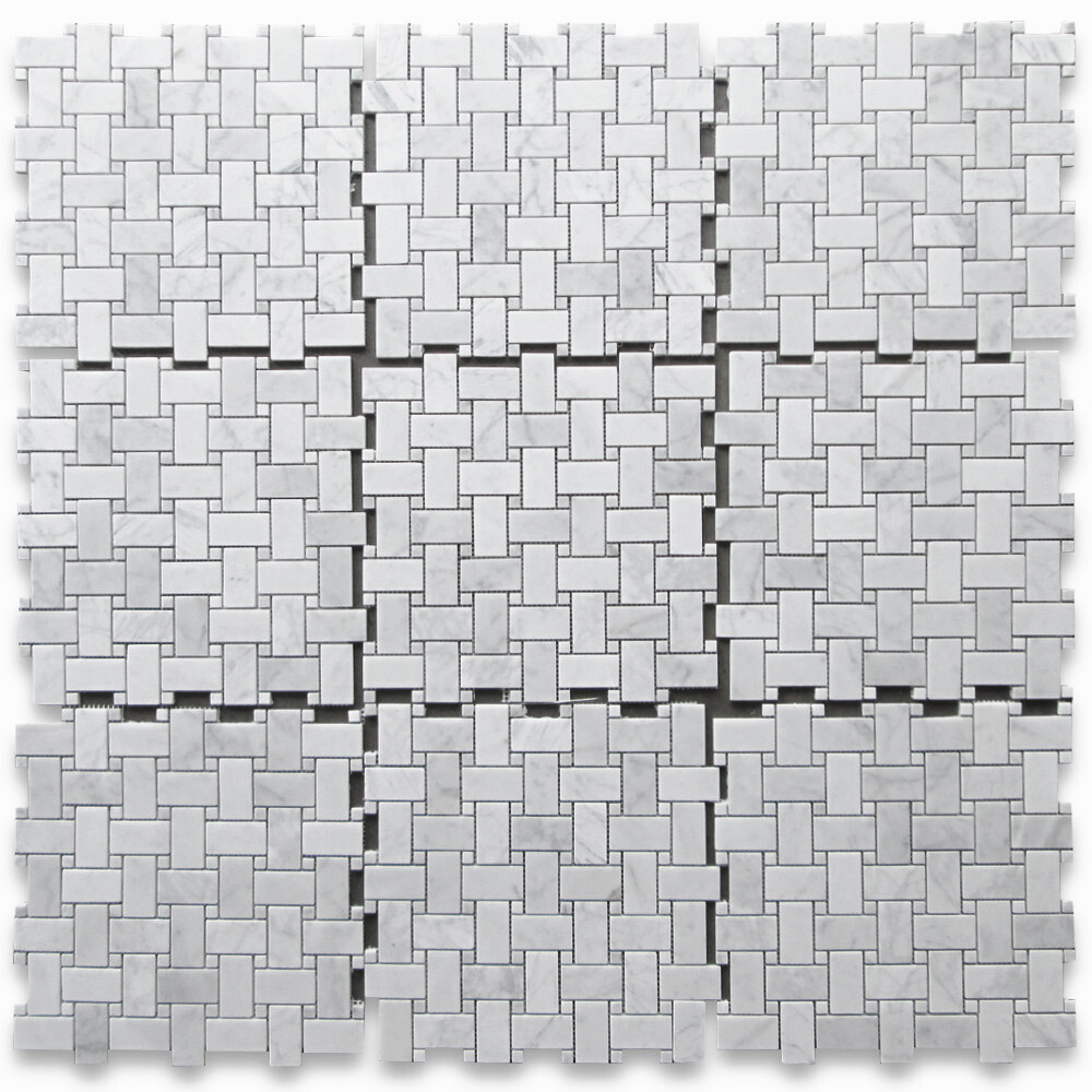 C650XH Carrara Venato Marble Basketweave Mosaic Tile White Dots Honed 1×2