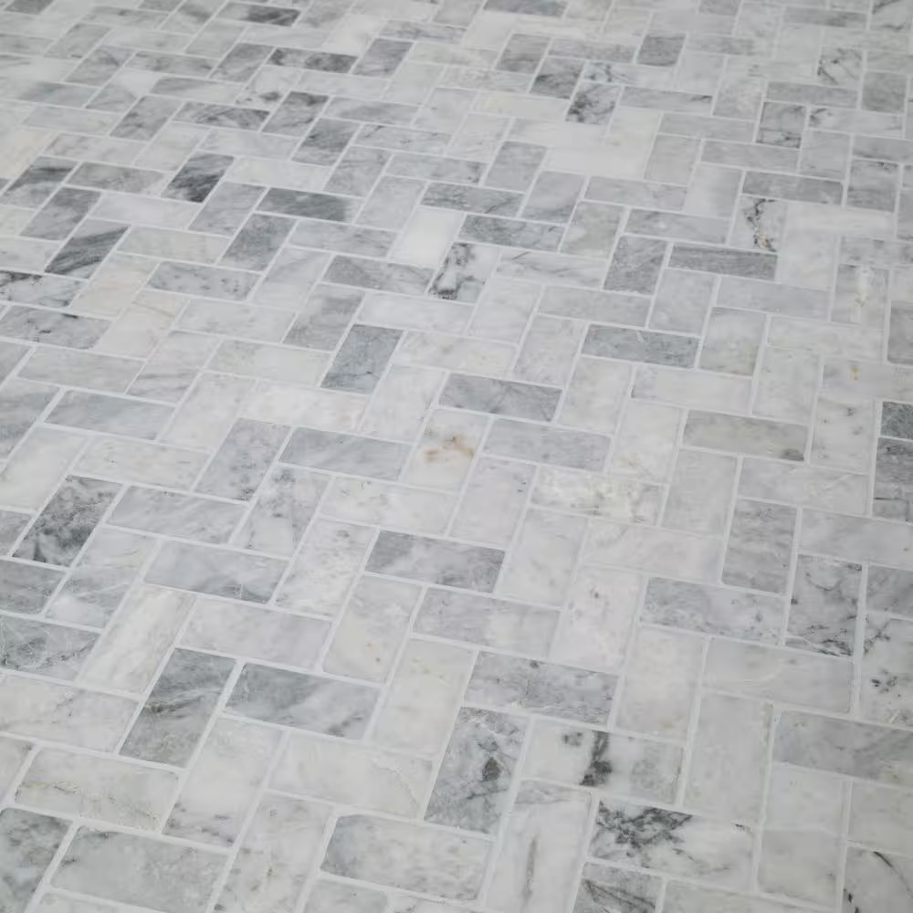 Capri Blue Herringbone 12 In. X 12 In. X 0.38 In. Honed Marble Mesh-Mounted Mosa