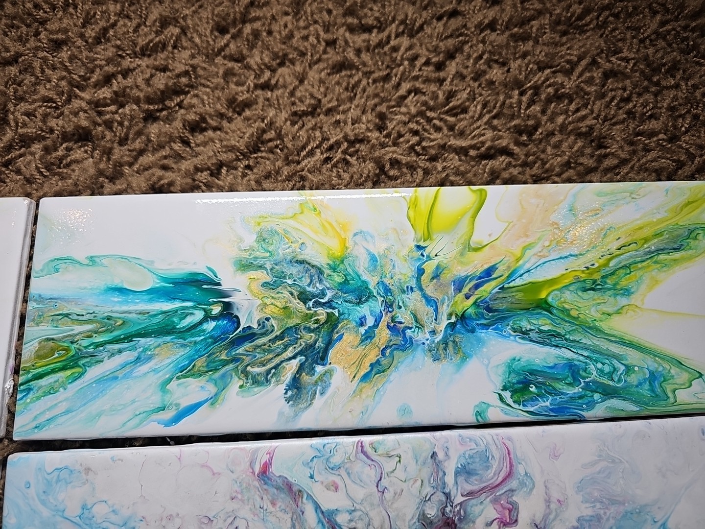 Set of Four Stunning Custom Art Painted 4-1/4 in. x 12-7/8 in. Ceramic Subway #5