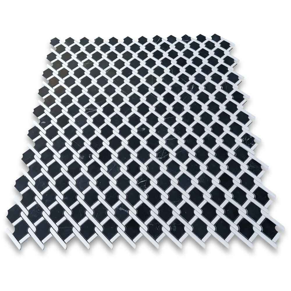 N2D5XH Nero Marquina Black Marble Princess Weave Rope Mosaic Tile White Honed