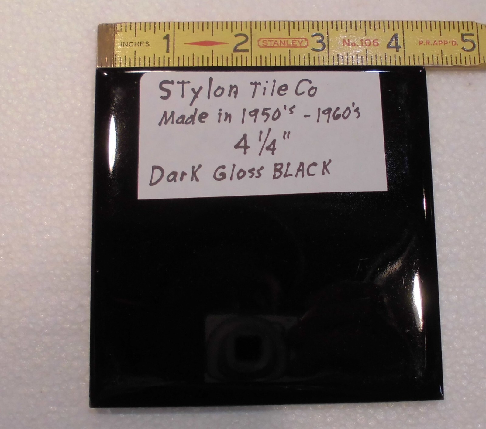 1 pc. Dark Gloss Black: 4-1/4″ Ceramic Tile by Stylon Co. Made in 1950’s -60’s