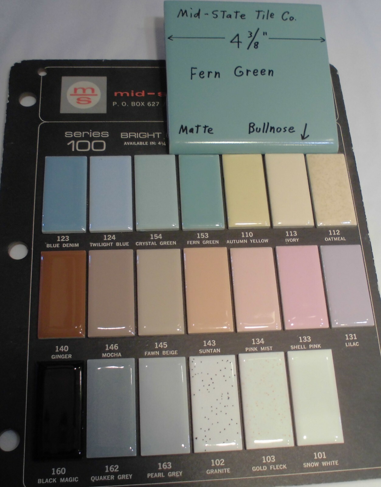 1 pc. Fern Green; Matte Bullnose Ceramic Tile 4-3/8″ by Mid-State Co. NOS
