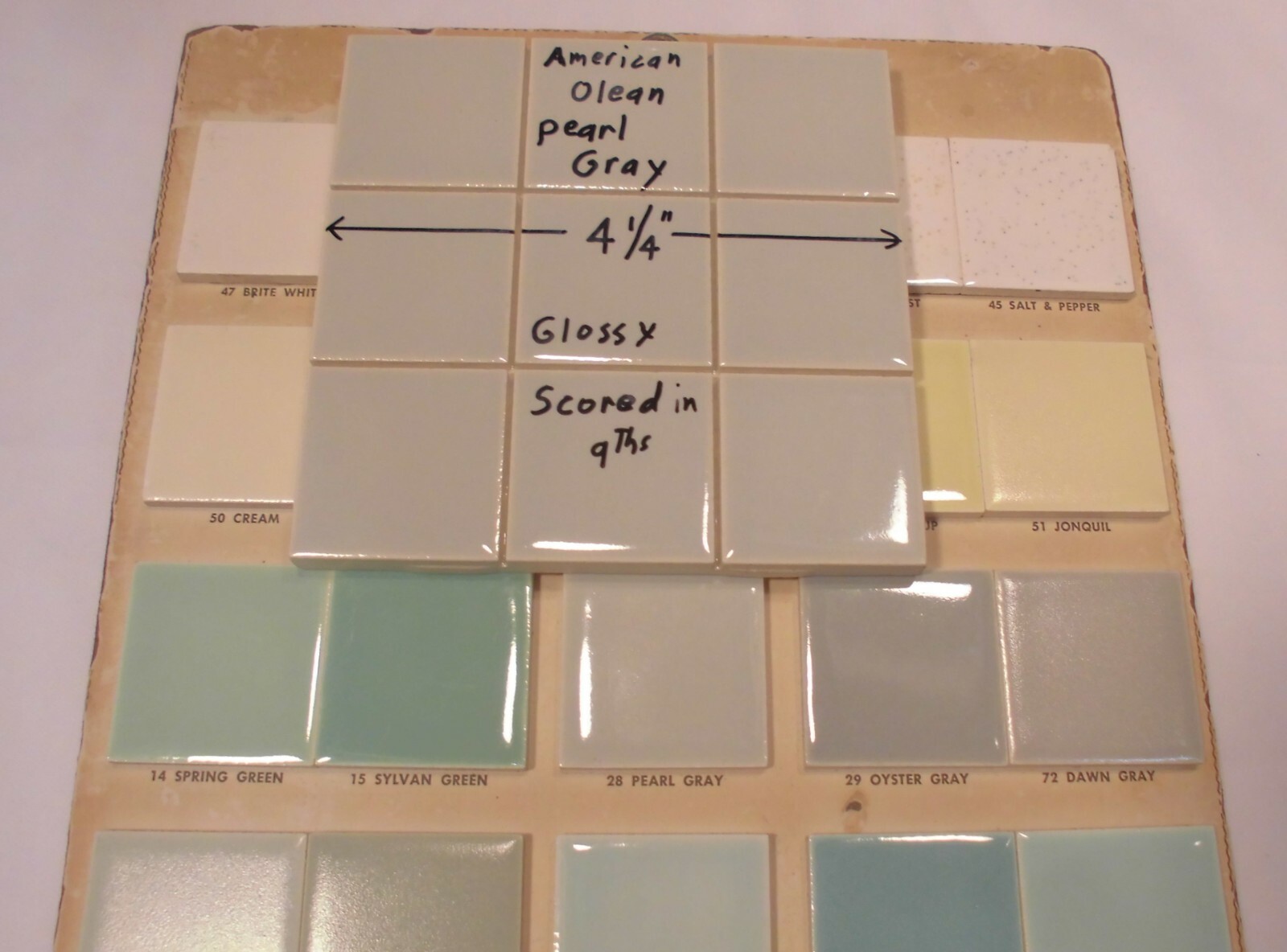 1 pc. *Pearl Gray* 4-1/4″ Scored 9ths Glossy Ceramic Tile by American Olean Co.