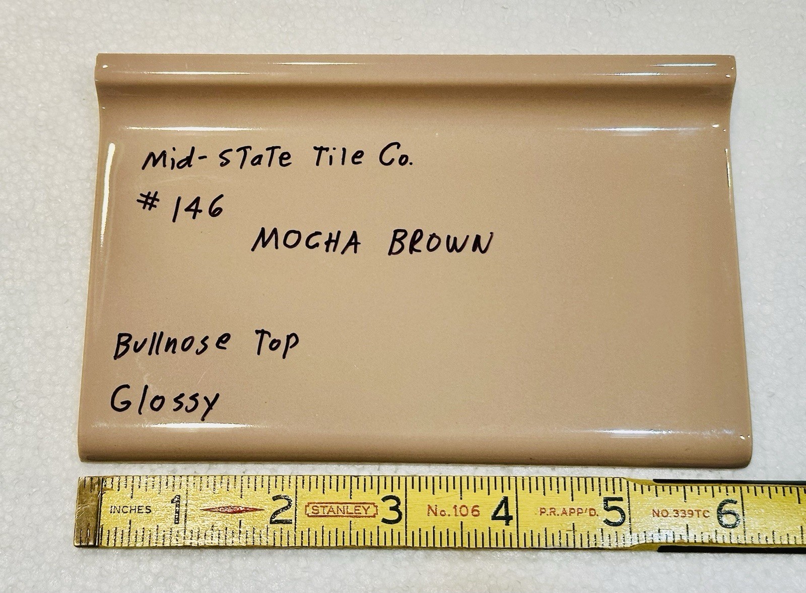 1 pc. Mocha/Brown Cove-Base Ceramic Tile 4″ X 6″ Mid-State, Glossy, Bullnose Top