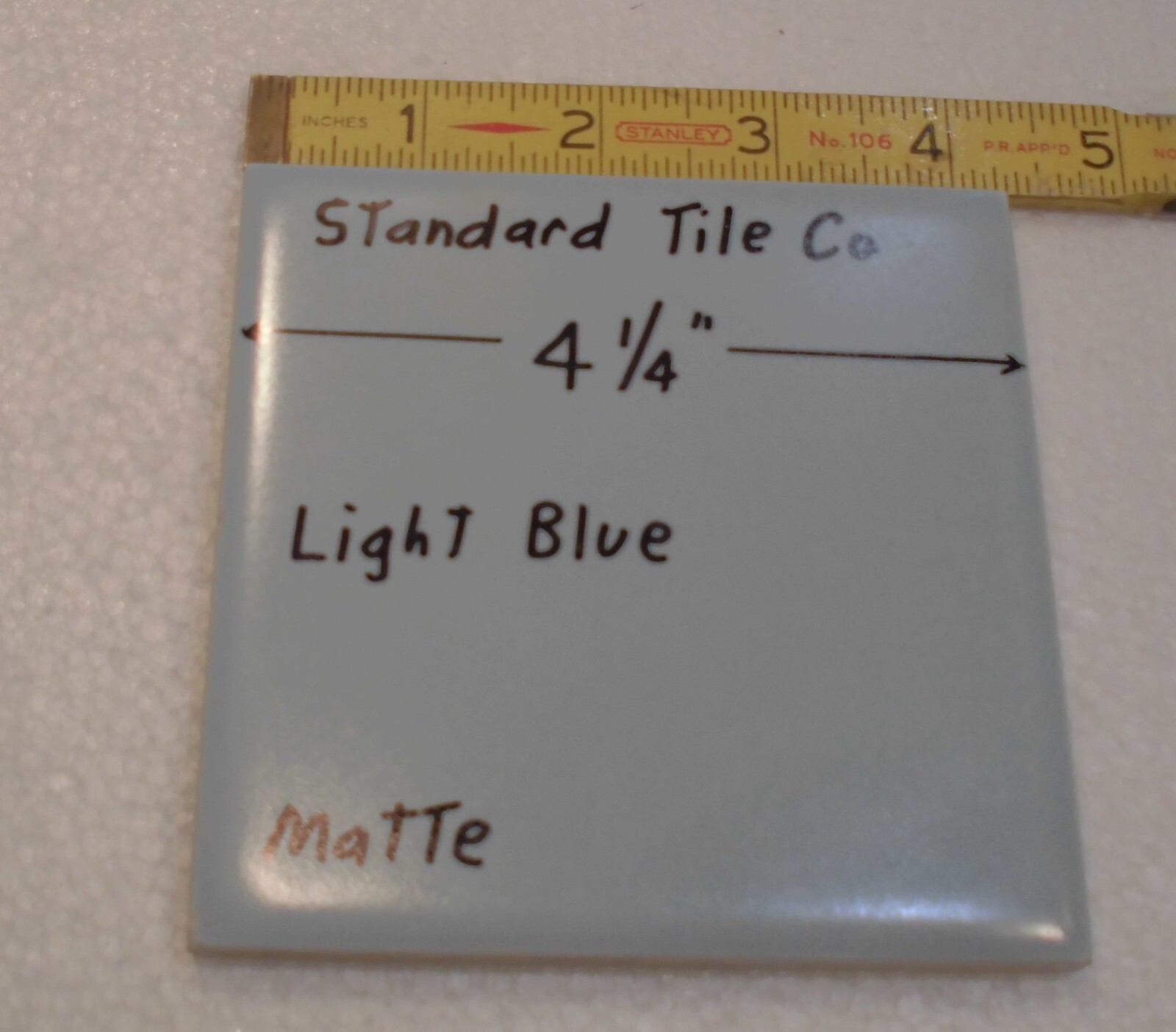 1 pc. Matte Light Blue Ceramic Tile: made by Standard Tile Co. 4-1/4″ NOS