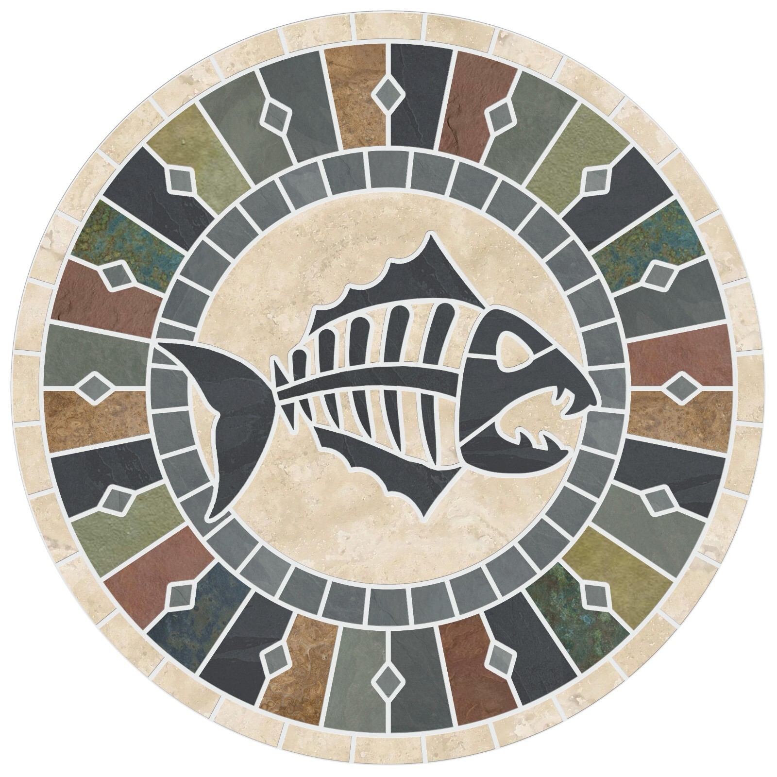 Fishbone Tile Mosaic Medallion in Natural Travertine & Slate Stone – USA Made!