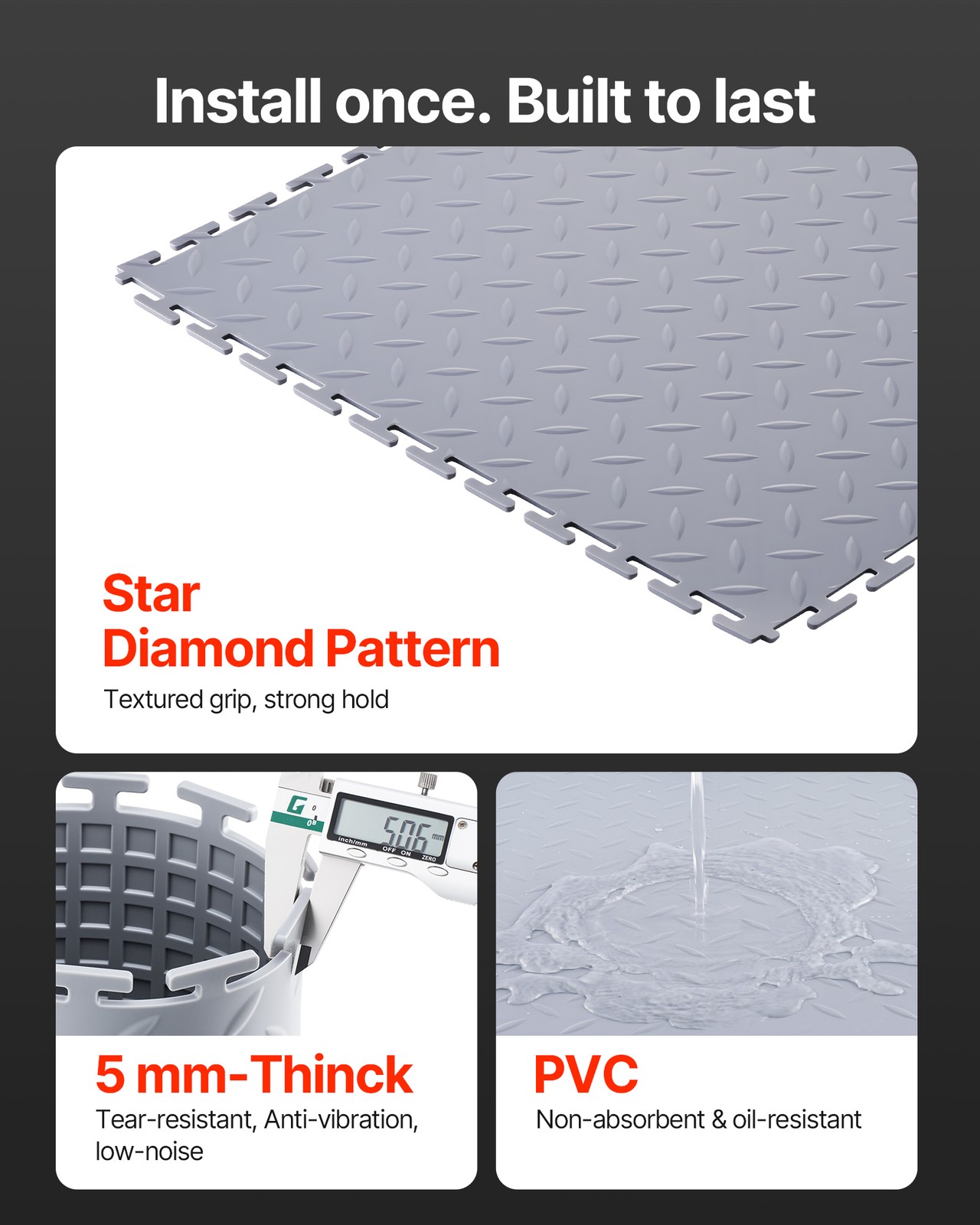 VEVOR Garage Floor Tiles Interlocking 16 Pack 20.2×20.2×0.2 in PVC Light Gray