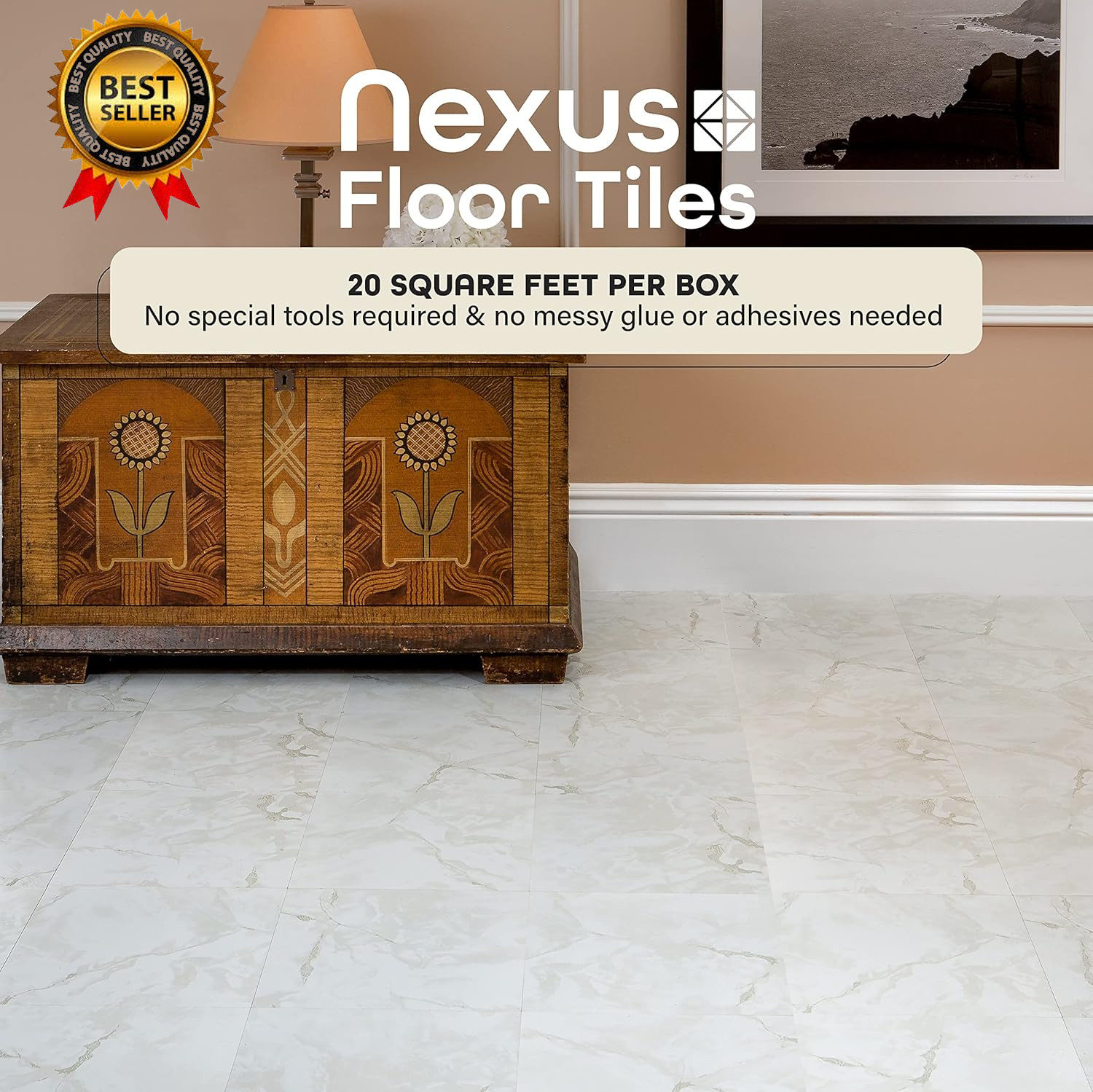 Nexus Self Adhesive 12-Inch Vinyl Floor Tiles, 20 Tiles – 12″ X 12″, Classic Whi