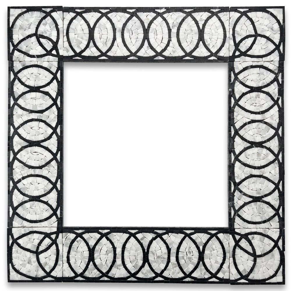 B0103P Eternal Rings Mosaic Border Carrara White Black Marble Listello Tile